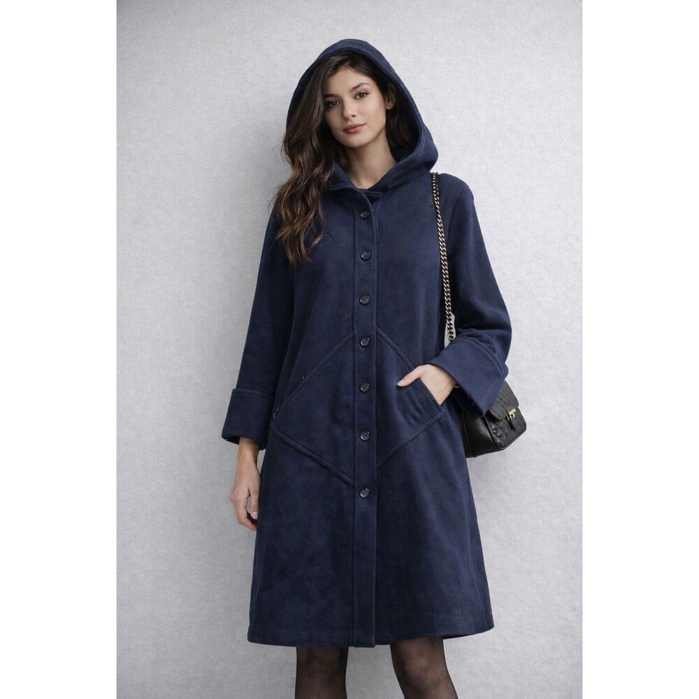 Vintage Peabody House Navy Hooded Wool Coat Dress Womens S Made in USA Wide Cuff